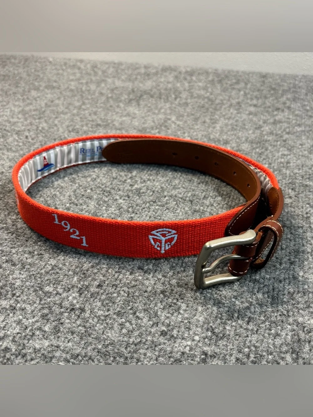 Reel Point Shelter Island Canvas Belt Size 32 Orange Embroidered 1921 USA Made